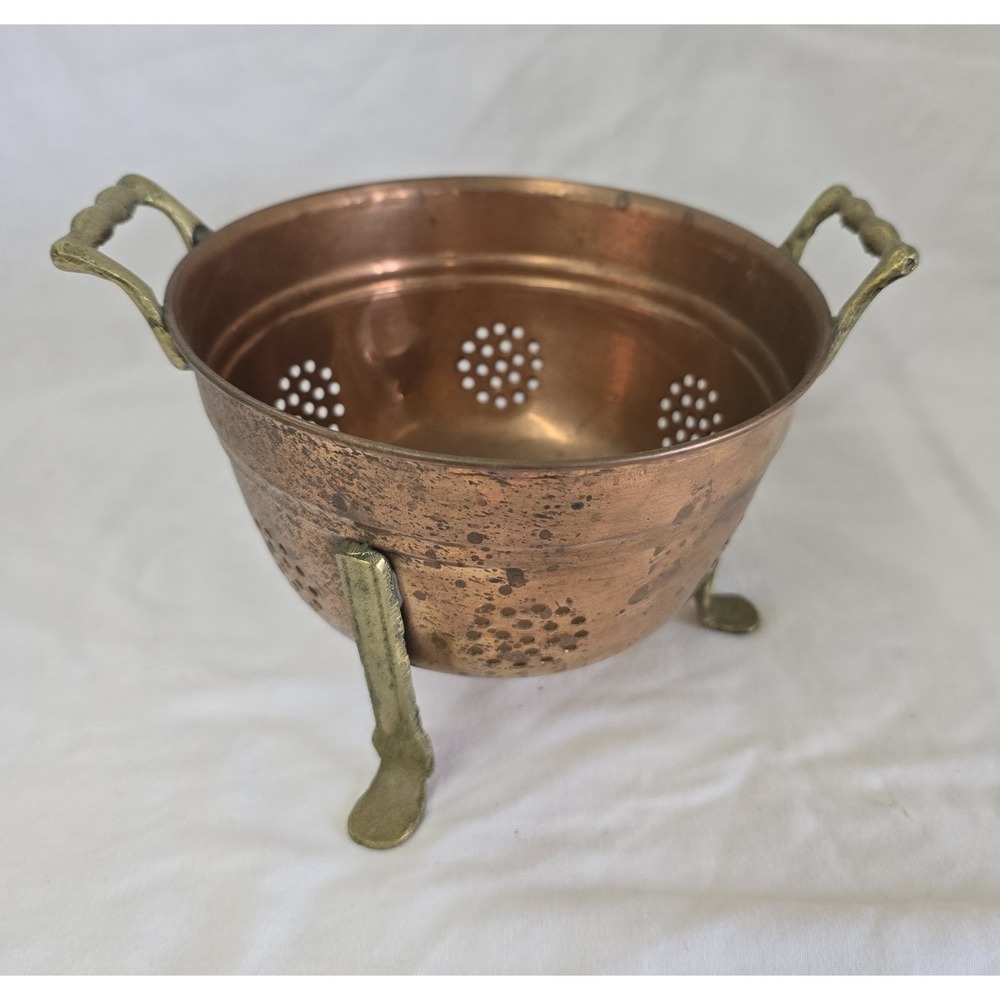 Vintage Small Copper Footed Colander Berry Strainer Brass Feet Cottage Farmhouse